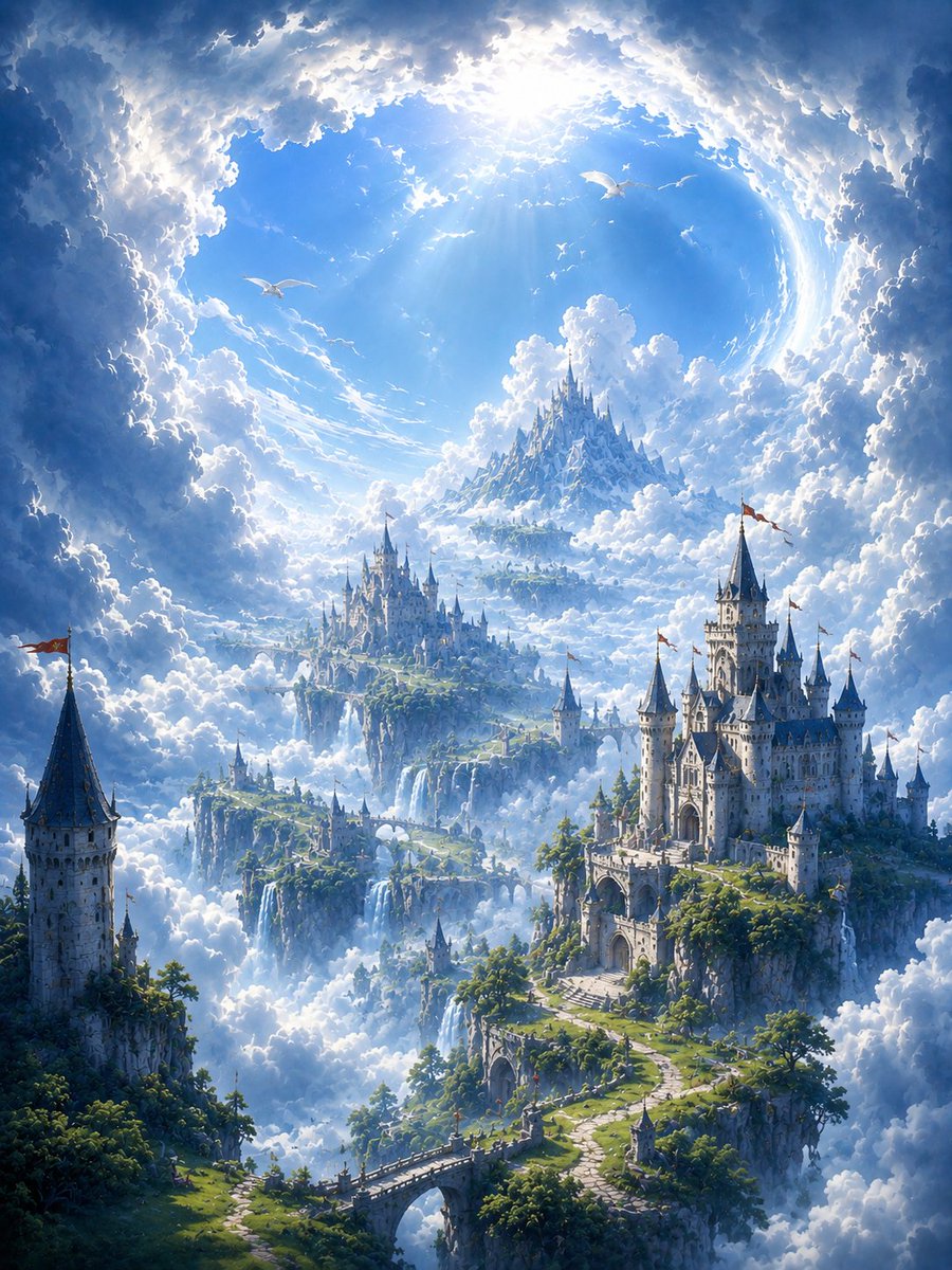 史诗级竖版奇幻壁纸,云层中巨大而明亮的裂隙,蔚蓝晴空,戏剧性的阳光光束,广阔的空中景观,云海之上漂浮的悬崖上点缀着几座宏伟的英式中世纪城堡,孤立的城堡建筑群取代密集城市,石质塔楼…