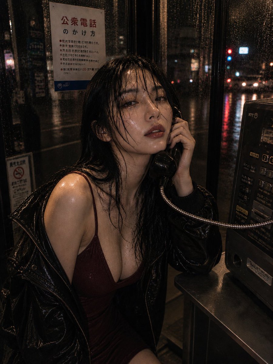 GPT Image 2 { "prompt": "平成末期日系私房写真，韩国女性，富士胶片空气感，潮湿氛围感中景人像，深夜雨夜电话亭环境，暖黄色钨丝灯与街头霓虹混合光源，微醺感…