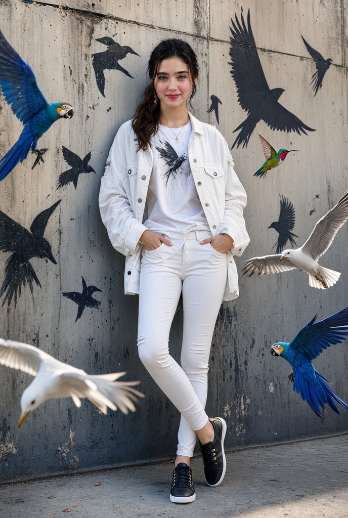 一幅时尚电影感人像肖像：一位自信的年轻女子随意倚靠在一面有质感的城市混凝土墙上，周围环绕着色彩鲜艳的飞翔鸟类，包括蓝色金刚鹦鹉、白色海鸥和一只色彩斑斓的蜂鸟…
