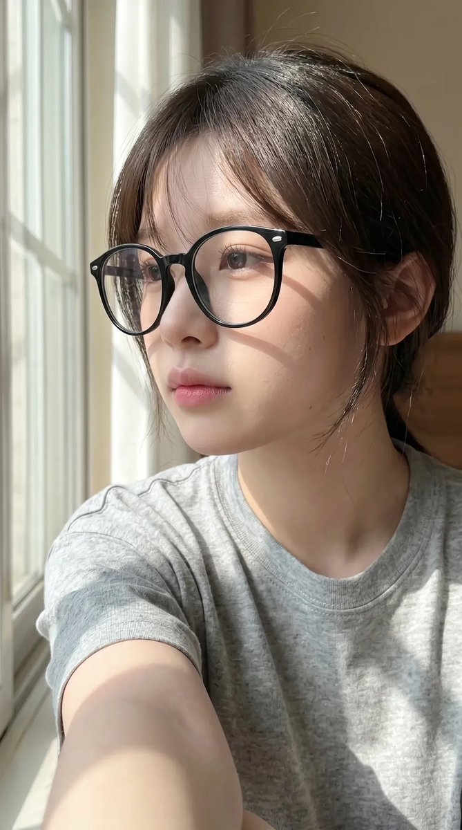 超写实抓拍式智能手机自拍照肖像：一位年轻东亚女性室内坐在一扇大窗户旁，处于明亮的自然日光下。保持与上传的面部参考高度相似的面部特征：柔和的椭圆形脸型、纤细的下颌线、自然偏窄的鼻梁…