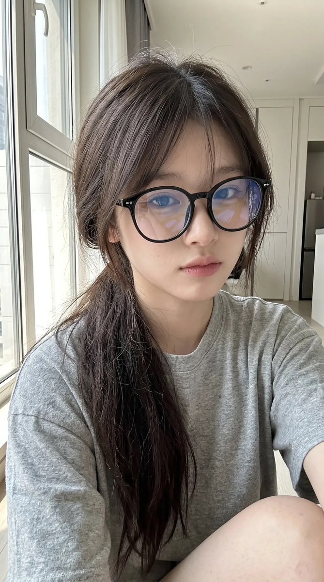 超写实抓拍式智能手机自拍照肖像：一位年轻东亚女性室内坐在一扇大窗户旁，处于明亮的自然日光下。保持与上传的面部参考高度相似的面部特征：柔和的椭圆形脸型、纤细的下颌线、自然偏窄的鼻梁…