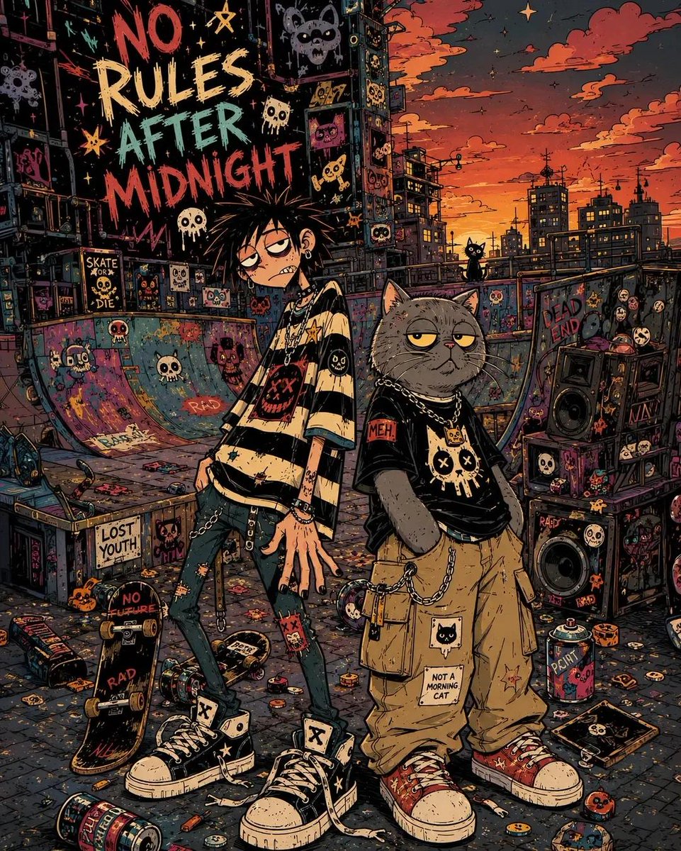 混乱的独立漫画风格插画，[HUMAN]（人类）与[ANTHROPOMORPHIC ANIMAL]（拟人化动物）身处[BACKGROUND SCENERY]（背景场景）之中，夸张的…