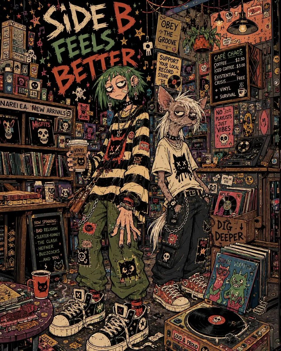混乱的独立漫画风格插画，[HUMAN]（人类）与[ANTHROPOMORPHIC ANIMAL]（拟人化动物）身处[BACKGROUND SCENERY]（背景场景）之中，夸张的…
