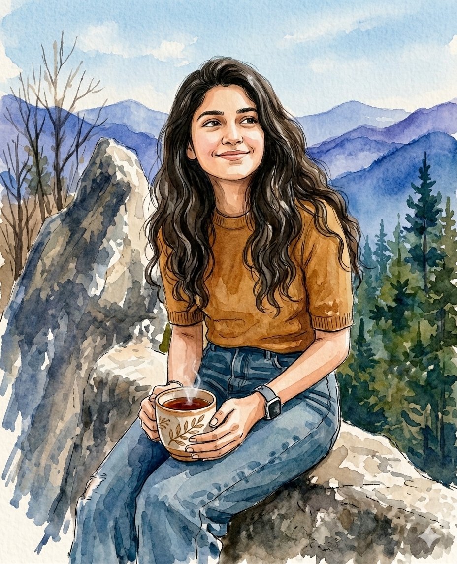 一幅美丽的水彩画，画中是一位年轻的女子，她有一头长长的、波浪状的深色头发，面带温暖的微笑，正在大自然中享受宁静的时刻。她穿着一件舒适的芥末黄色短袖针织毛衣和经…