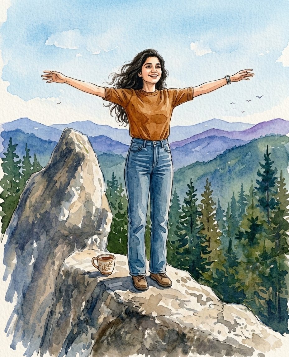 一幅美丽的水彩画,画中是一位年轻的女子,她有一头长长的、波浪状的深色头发,面带温暖的微笑,正在大自然中享受宁静的时刻。她穿着一件舒适的芥末黄色短袖针织毛衣和经典的蓝色高腰牛仔裤…
