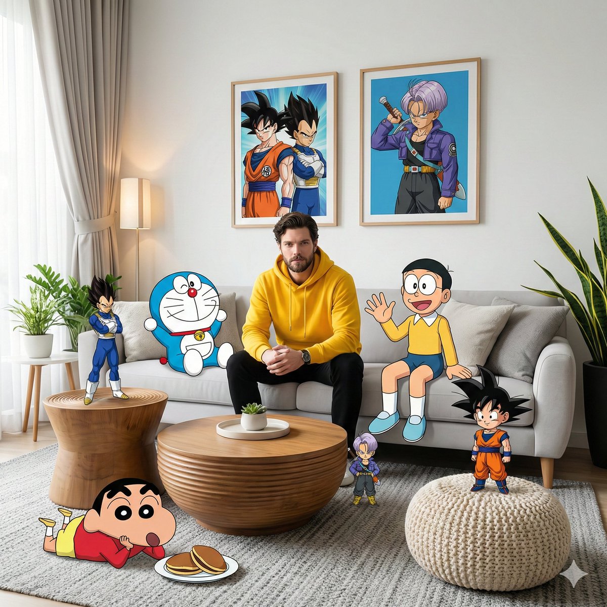 (https://t.co/CYCpuxfRxH) 一张高保真、广角的室内摄影作品，在一个现代客厅中捕捉到一个超现实的混合媒介场景。中心人物是一位面部与上传的参考照片相符的男子…