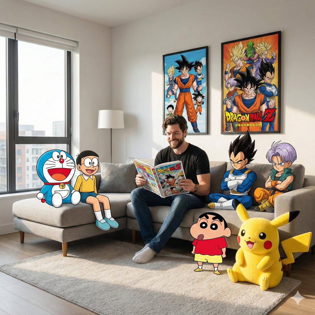 (https://t.co/CYCpuxfRxH) 一张高保真、广角的室内摄影作品，在一个现代客厅中捕捉到一个超现实的混合媒介场景。中心人物是一位面部与上传的参考照片相符的男子…