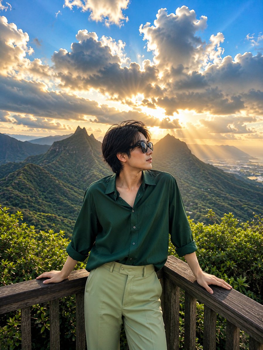 一部电影感的旅行摄影人像作品:一位魅力十足的日本女性伫立于山间木制观景台,俯瞰苍翠欲滴的翡翠山谷与壮丽的尖峰山脉,头顶是令人屏息的壮阔天空。画面拍摄于黄金时刻,强烈的阳光穿透大片…