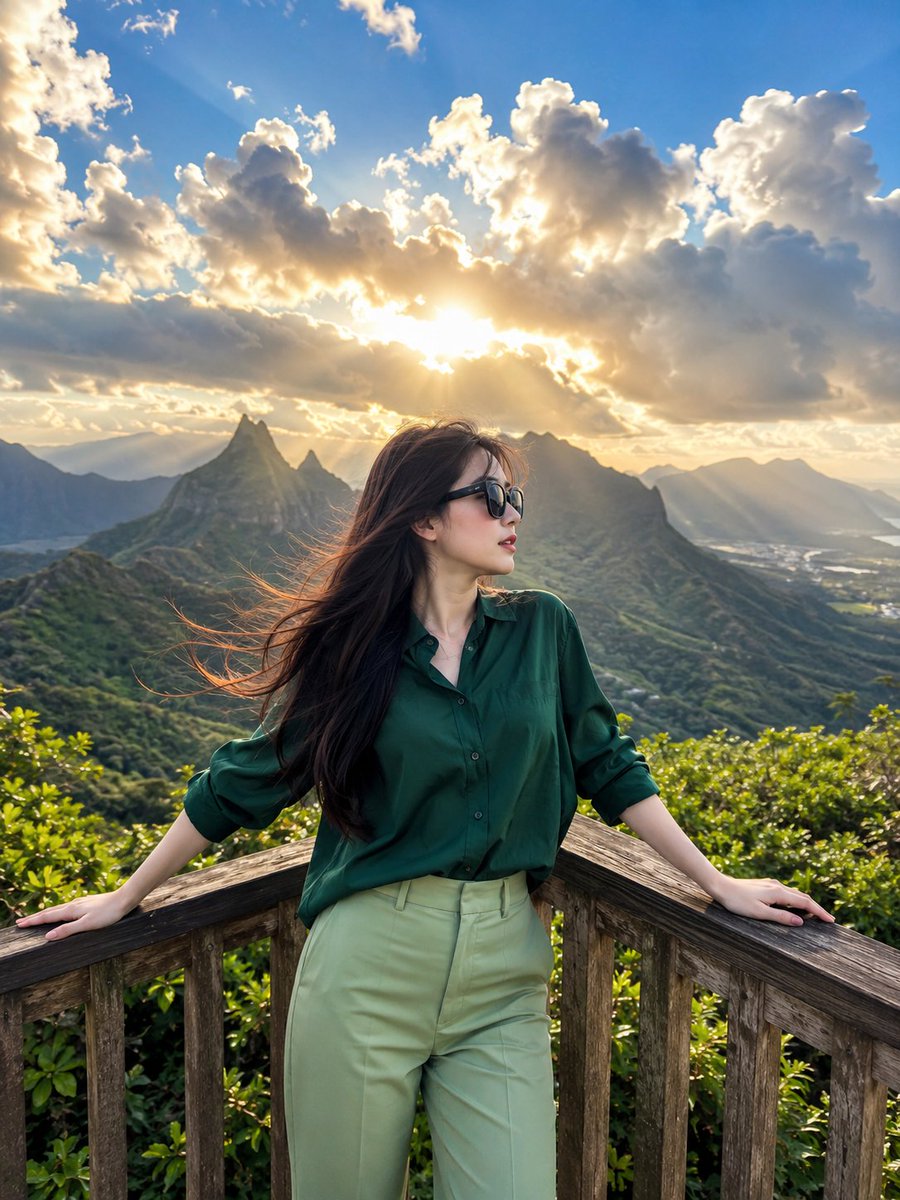 一部电影感的旅行摄影人像作品:一位魅力十足的日本女性伫立于山间木制观景台,俯瞰苍翠欲滴的翡翠山谷与壮丽的尖峰山脉,头顶是令人屏息的壮阔天空。画面拍摄于黄金时刻,强烈的阳光穿透大片…