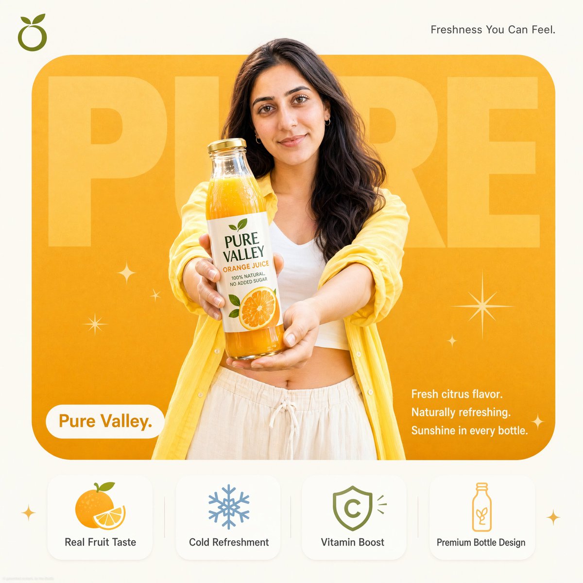 "Pure Valley 橙汁"的专业产品广告海报。一位面带微笑的年轻棕发波浪卷发女性，身穿黄色敞口衬衫搭配白色短款上衣和米白/奶油色阔腿裤，双手向前伸展，将…