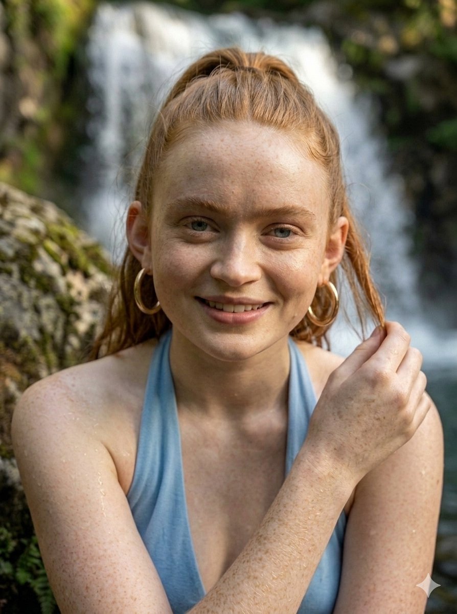 一幅引人入胜的肖像:一位年轻女子拥有如火般的铜色头发,束成光滑的马尾,优雅地倚靠在一块覆满苔藓的崎岖岩石上。她肌肤上点缀着的精致雀斑和细微的水光,在柔和、漫射的自然阳光下熠熠生辉…