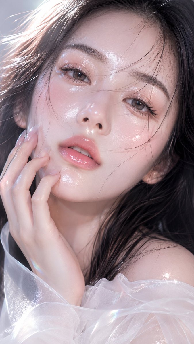 编辑这张参考图片，不要改变脸部。竖版人像 9:16，8K 高清超近景美人像，呈现水晶晨露肌概念，皮肤看起来如透明水晶般带有晨露光泽。柔和光线轻柔地反射在皮肤表…