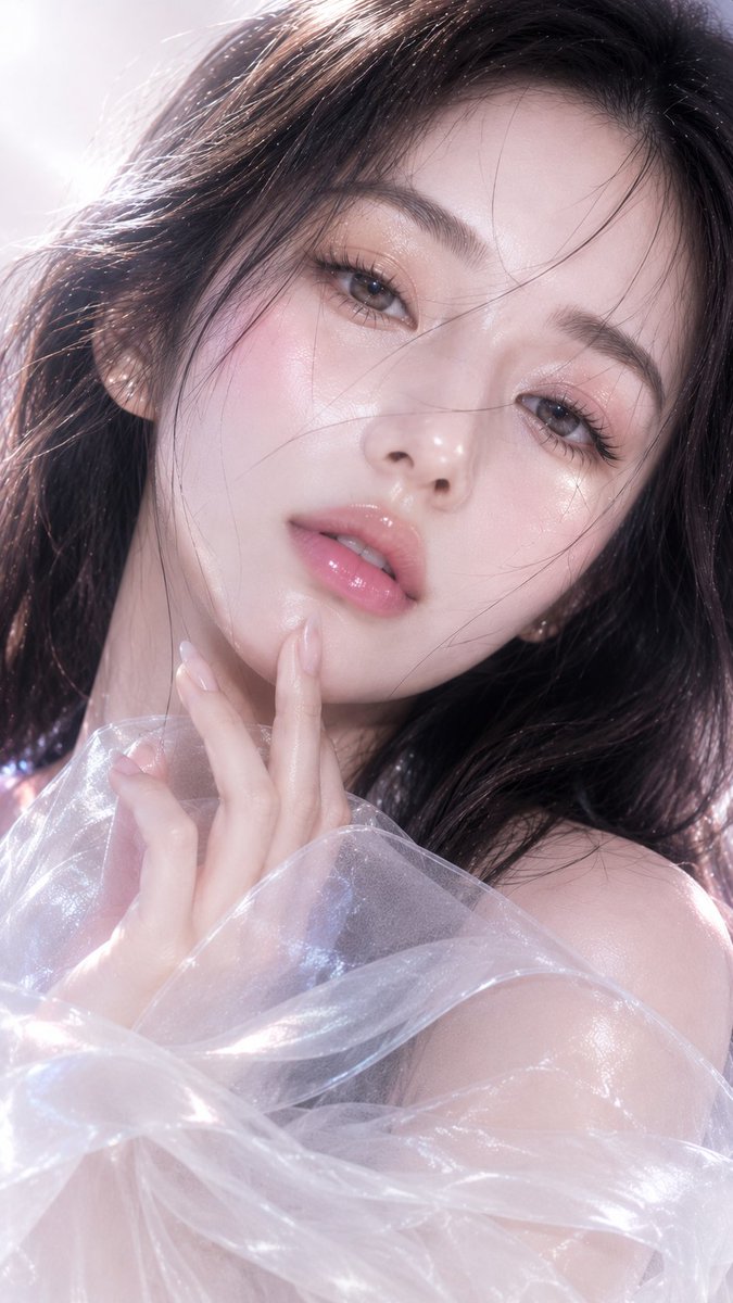 编辑这张参考图片，不要改变脸部。竖版人像 9:16，8K 高清超近景美人像，呈现水晶晨露肌概念，皮肤看起来如透明水晶般带有晨露光泽。柔和光线轻柔地反射在皮肤表面，营造出细微的棱镜…