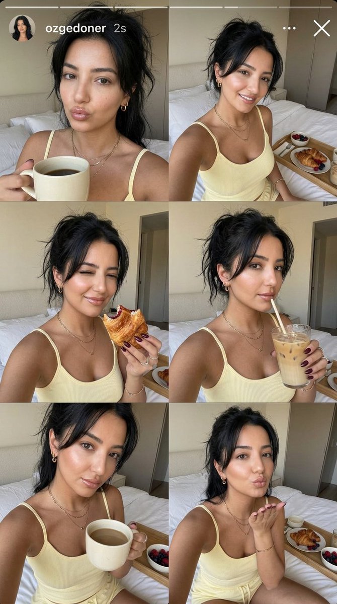 超写实的竖版Instagram故事风格3×2自拍拼贴，包含同一个美丽年轻女人的六个 candid 抓拍画面，每个画面都严格保持面部和身份一致性。氛围舒适、女性…