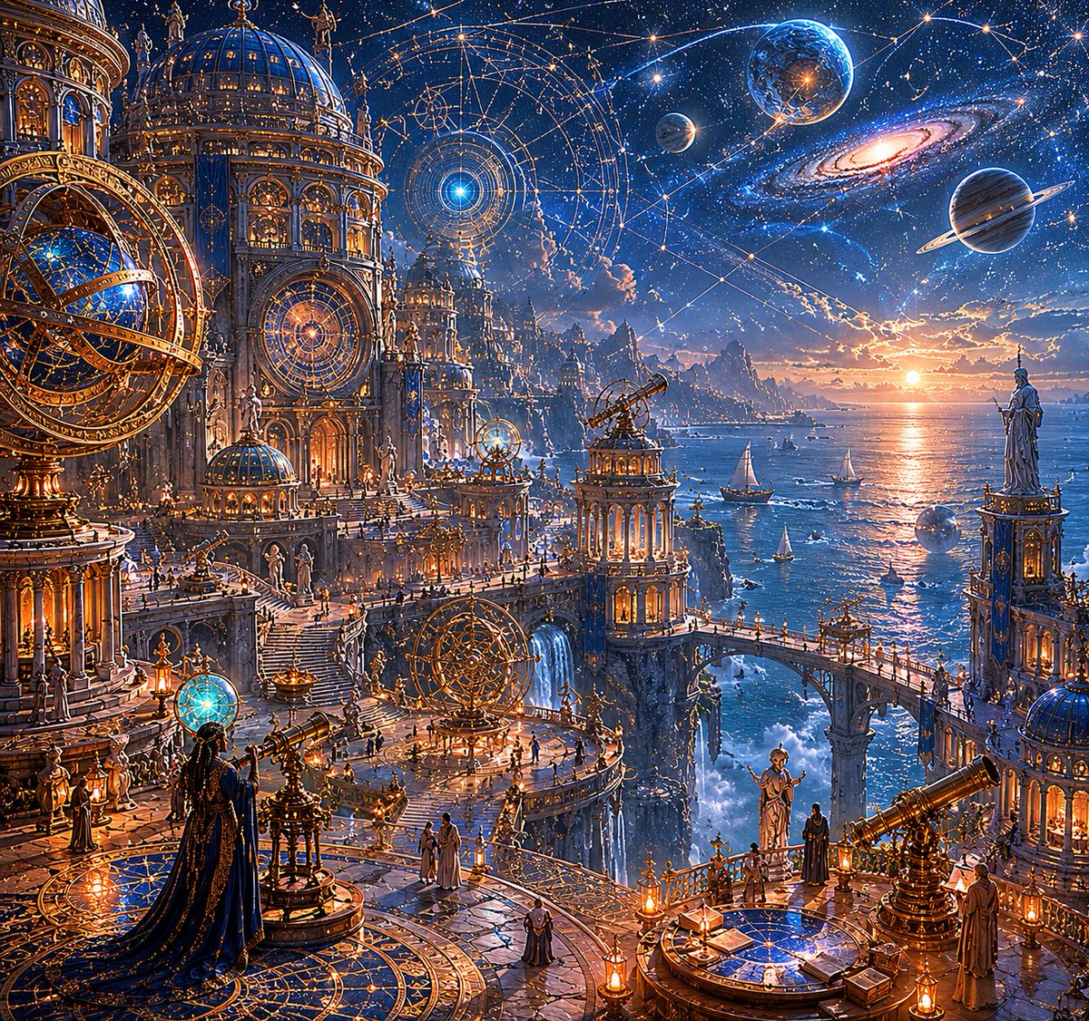 悬崖之上一座古老的观星都市,俯瞰着星罗密布的浩瀚宇宙苍穹之下那片广袤而熠熠生辉的海洋;宏伟的观象台与恢宏的古典建筑融为一体,巨型圆形图书馆与天体研究厅由高架石…