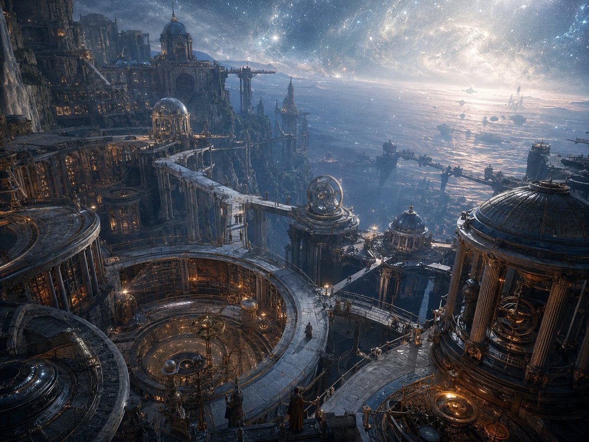 悬崖之上一座古老的观星都市,俯瞰着星罗密布的浩瀚宇宙苍穹之下那片广袤而熠熠生辉的海洋;宏伟的观象台与恢宏的古典建筑融为一体,巨型圆形图书馆与天体研究厅由高架石桥与层层露台相连;精…