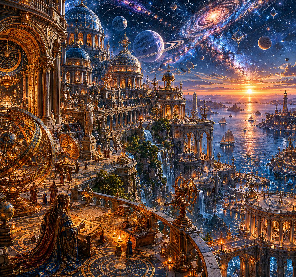 悬崖之上一座古老的观星都市,俯瞰着星罗密布的浩瀚宇宙苍穹之下那片广袤而熠熠生辉的海洋;宏伟的观象台与恢宏的古典建筑融为一体,巨型圆形图书馆与天体研究厅由高架石桥与层层露台相连;精…