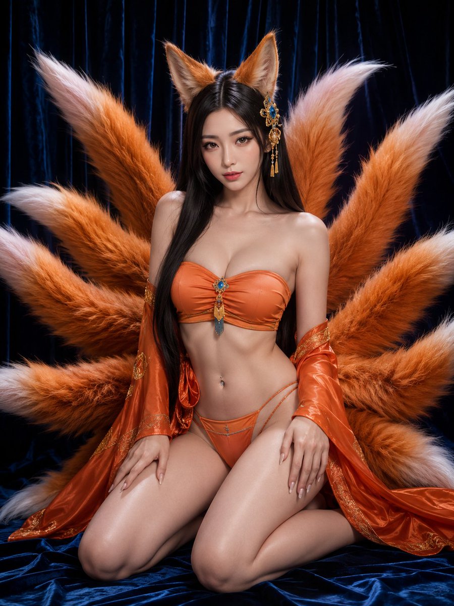 狐狸🦊女王👑 GPT-image 2 提示词 👇 一张超写实的工作室人像照,主题是一位魅力十足的成年女性,身着狐仙角色扮演造型:黑色直发中分,杏仁形锐利眼型,浓重的猫眼眼线,光泽…