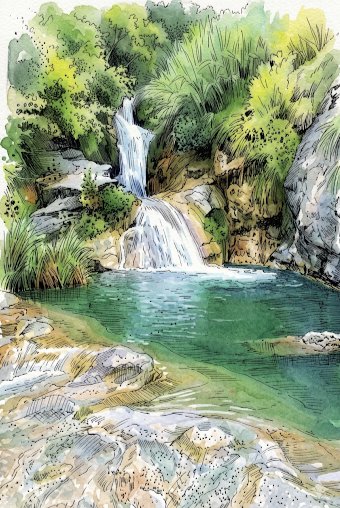 一幅宁静的水彩与水墨插画，描绘一处隐秘的热带绿洲，画面中一道多层瀑布从长满苔藓的崎岖岩崖倾泻而下，汇入一汪清澈静谧的湖水。瀑布之水从飞溅翻腾的亮白泡沫，平滑过…