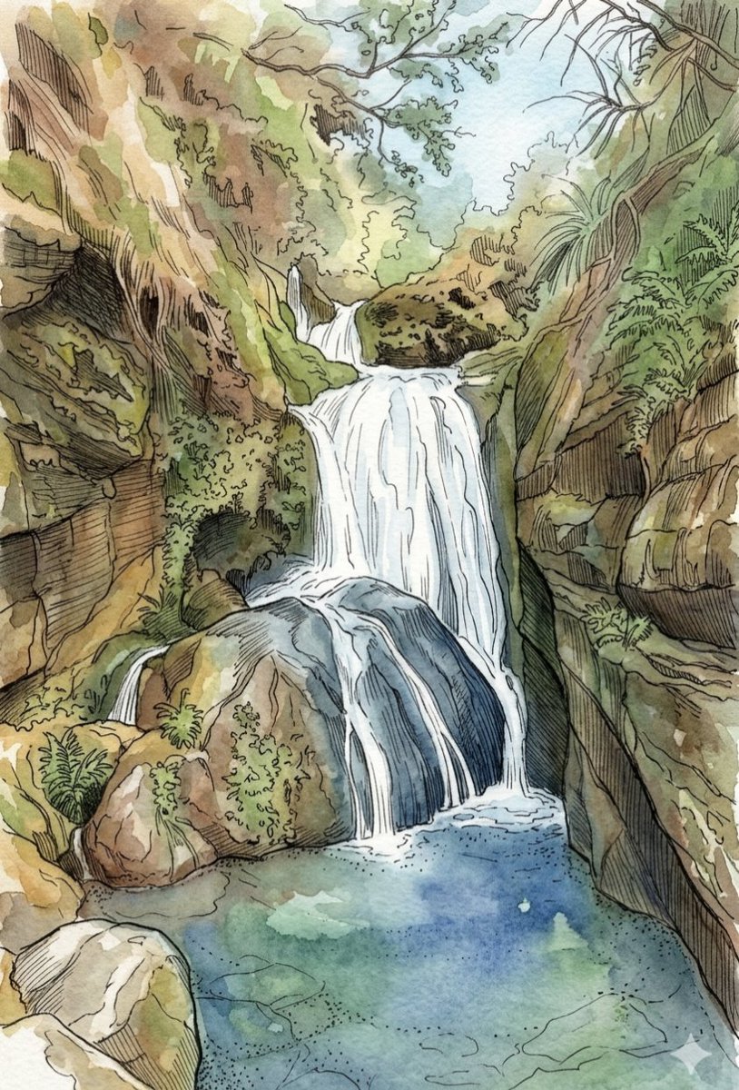 一幅宁静的水彩与水墨插画，描绘一处隐秘的热带绿洲，画面中一道多层瀑布从长满苔藓的崎岖岩崖倾泻而下，汇入一汪清澈静谧的湖水。瀑布之水从飞溅翻腾的亮白泡沫，平滑过渡为底部深邃而平静的…
