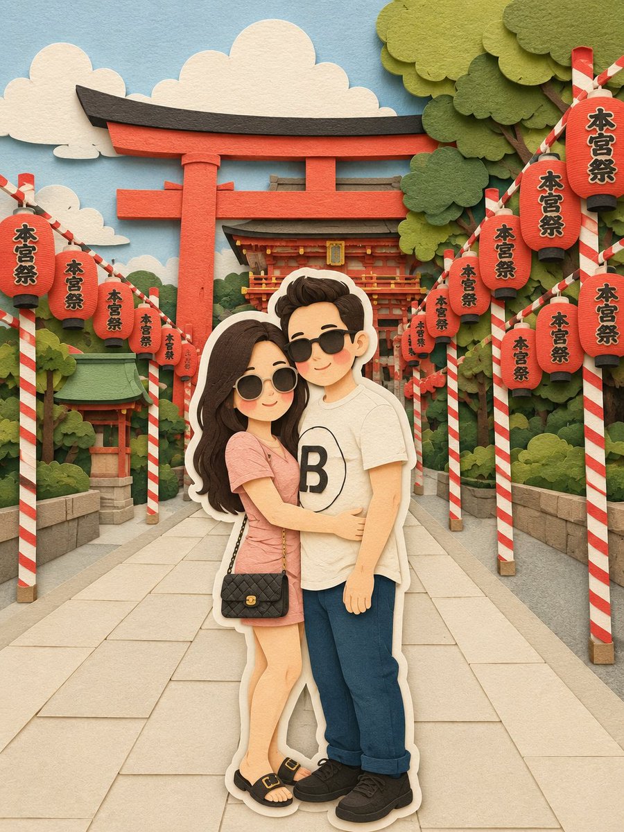 将这张图片转换为柔和的、手工制作的剪纸分层插画风格,灵感来自纸艺立体场景的美感。使用平滑圆润的形状、简化可爱的角色比例,以及极简的面部细节(圆点眼睛、腮红脸颊),营造温暖迷人的外…