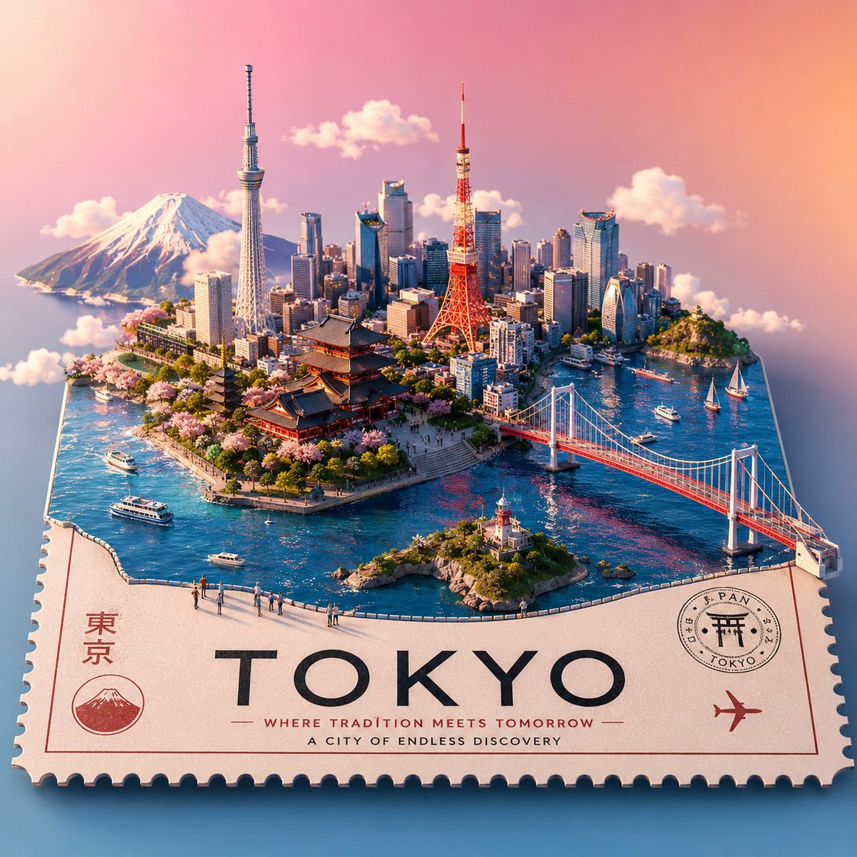 创建一张高端风格化的3D等距旅行海报，展示[城市名称]，设计为一个漂浮的微型世界，放置在一个带有穿孔边缘的大型票券、明信片或邮票平台上。自动包含与该地点相关的…