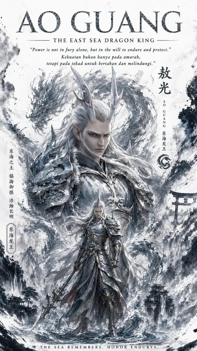 奇幻史诗书籍封面艺术——敖闰，西海龙王。威严中性化的中国龙王，长长飘逸的蓝色长发，发光的红眼睛，华丽的水晶蓝龙角，额间蓝色宝石。身穿由水与冰构成的精致飘逸的蓝…