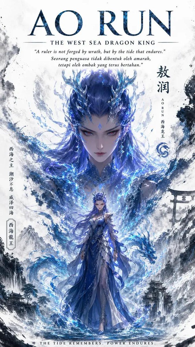 奇幻史诗书籍封面艺术——敖闰，西海龙王。威严中性化的中国龙王，长长飘逸的蓝色长发，发光的红眼睛，华丽的水晶蓝龙角，额间蓝色宝石。身穿由水与冰构成的精致飘逸的蓝色与银色盔甲长裙，屹…