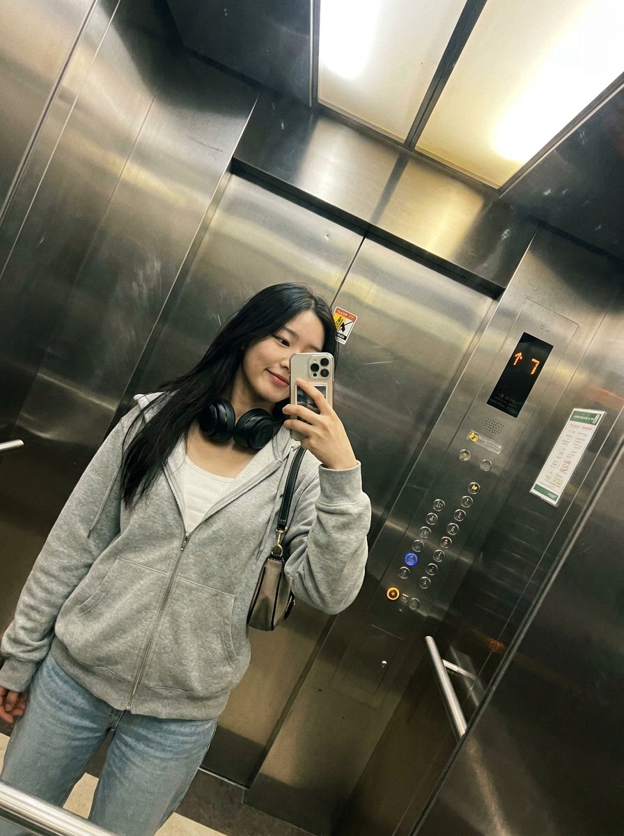 { "objective": "生成一张真实的智能手机风格的镜面自拍，画面中是一位极其美丽的纤瘦韩国女性身处电梯内，整体呈现自然、抓拍的美感。", "scene": { "loc…