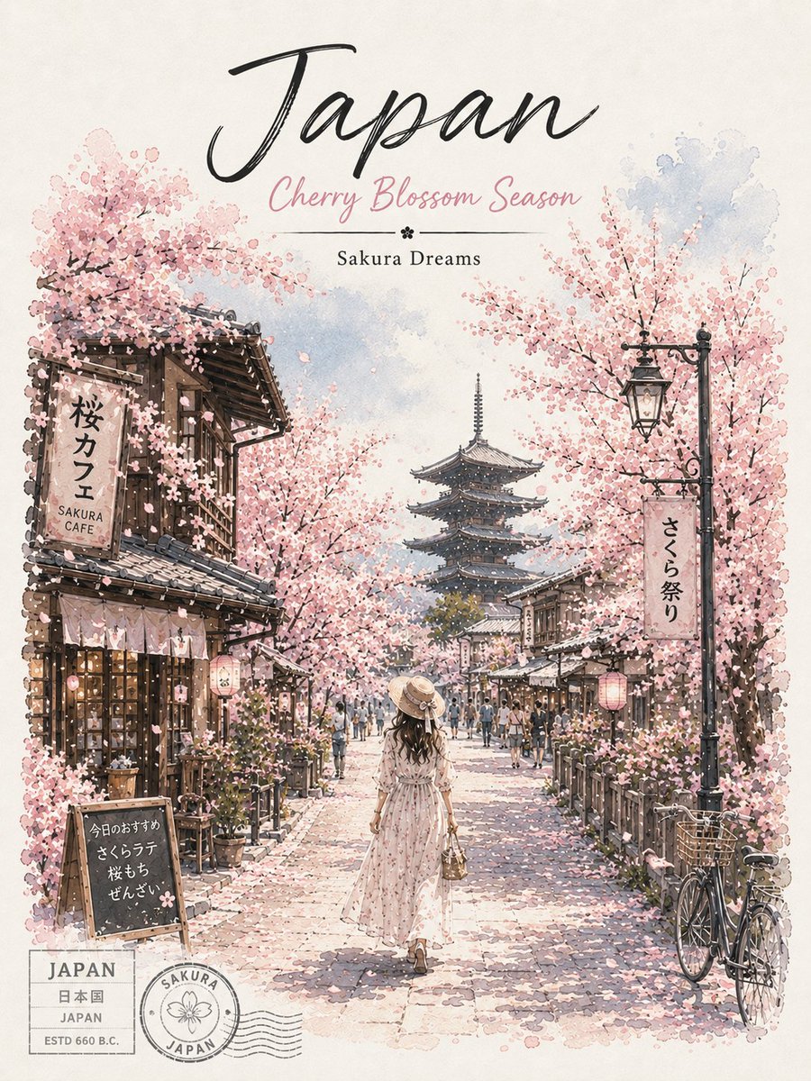 一幅梦幻复古风格的日本北海道旅行海报插画，灵感源自柔和的水彩与水墨旅行艺术美学。画面中，富良野无尽盛开的薰衣草田以整齐的鲜艳紫色花海排列，向地平线延伸。画面中…