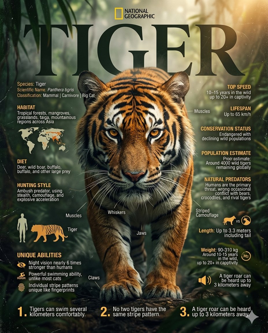 GPT Image 2 动物信息图海报 🐾✨ 提示词👇🏻 "搜索网络以获取有关 [ANIMAL] 的详细信息，包括其栖息地、饮食、狩猎行为、身体特征、寿命、速度、体重、种群数量现…