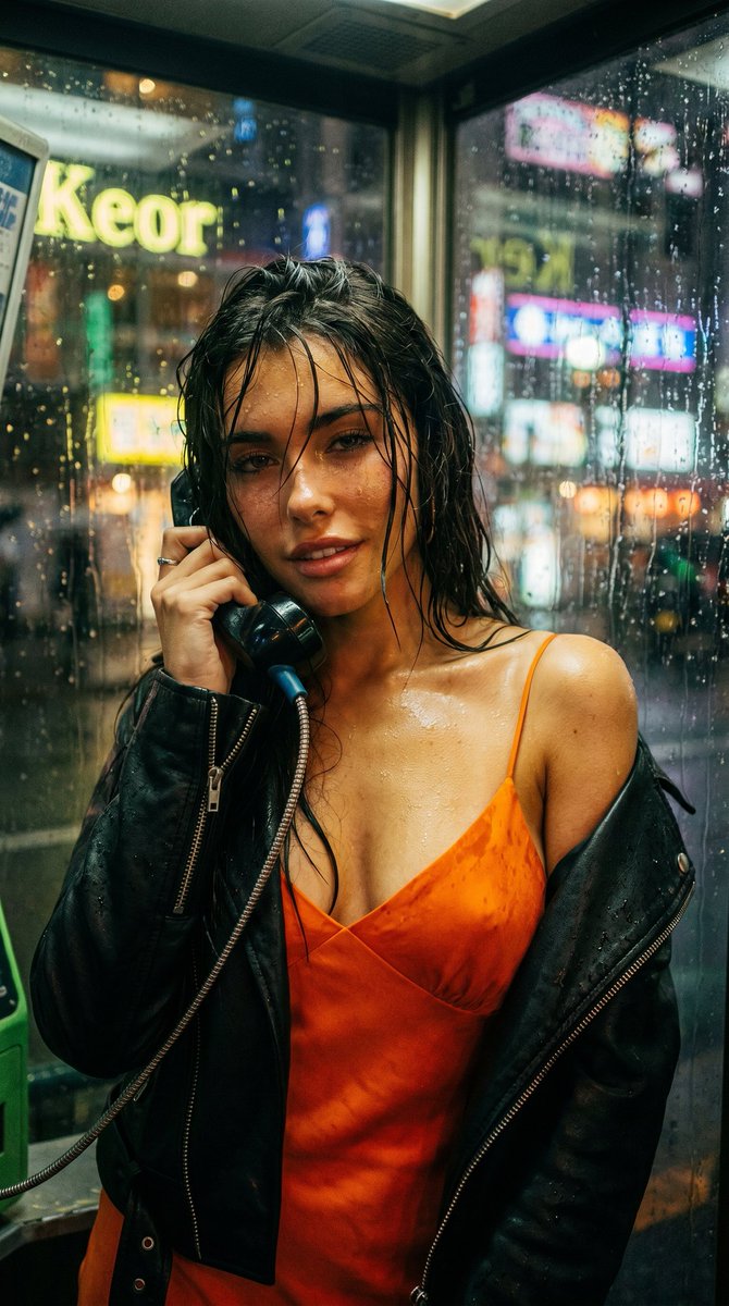 平成末期的日本私人写真集风格，美国女性，富士胶片通透氛围，潮湿而情绪化的中景人像，深夜雨天电话亭场景，暖黄色钨丝灯与街头霓虹灯混合的光线，微微醉意的感觉，湿发紧贴面部，凌乱的发丝…