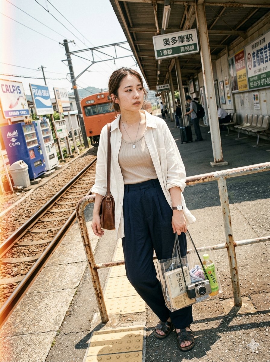 超写实时尚编辑摄影：一位年轻女子在日本夏日酷暑中，独自等候于宁静的乡间火车站台。她身着宽松亚麻衬衫，内搭罗纹背心，下着宽松百褶长裤与做旧皮革凉鞋，背复古单肩包…