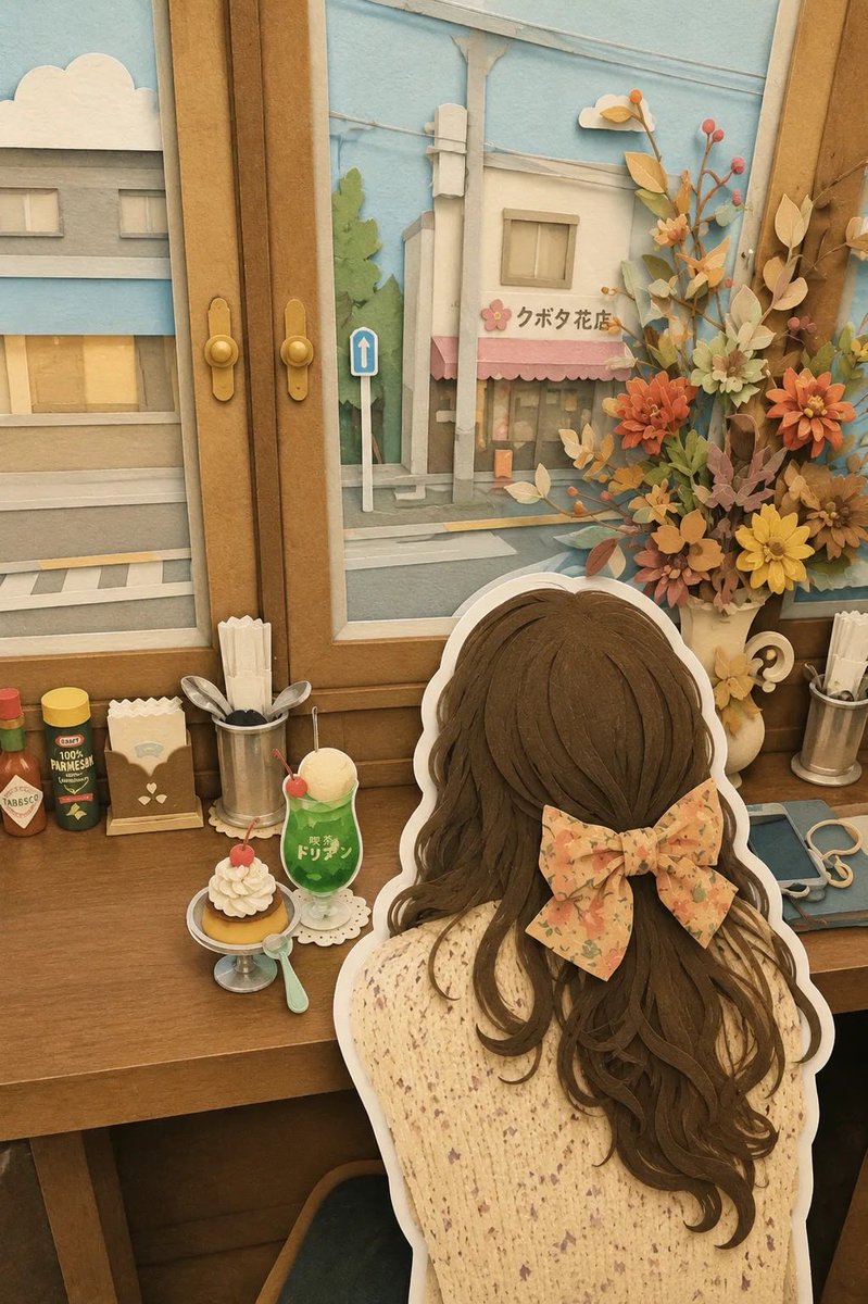 纸质工艺立体场景画，日本咖啡馆场景，长长的波浪棕色发丝并戴着花结发饰的女孩坐在木质桌前，背面视角，桌上摆放着绿色奶油苏打漂浮饮和布丁甜点，纸艺剪贴花束，窗外可见日本街景，花店招牌…