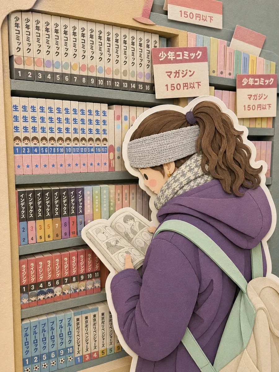 纸质工艺立体场景画，日本咖啡馆场景，长长的波浪棕色发丝并戴着花结发饰的女孩坐在木质桌前，背面视角，桌上摆放着绿色奶油苏打漂浮饮和布丁甜点，纸艺剪贴花束，窗外可见日本街景，花店招牌…