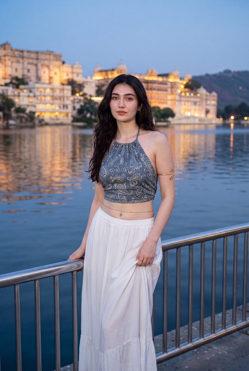 {"image_type":"portrait_travel_photography","prompt":"在湖边栏杆旁伫立女子的超写实傍晚肖像：身穿蓝灰色佩…