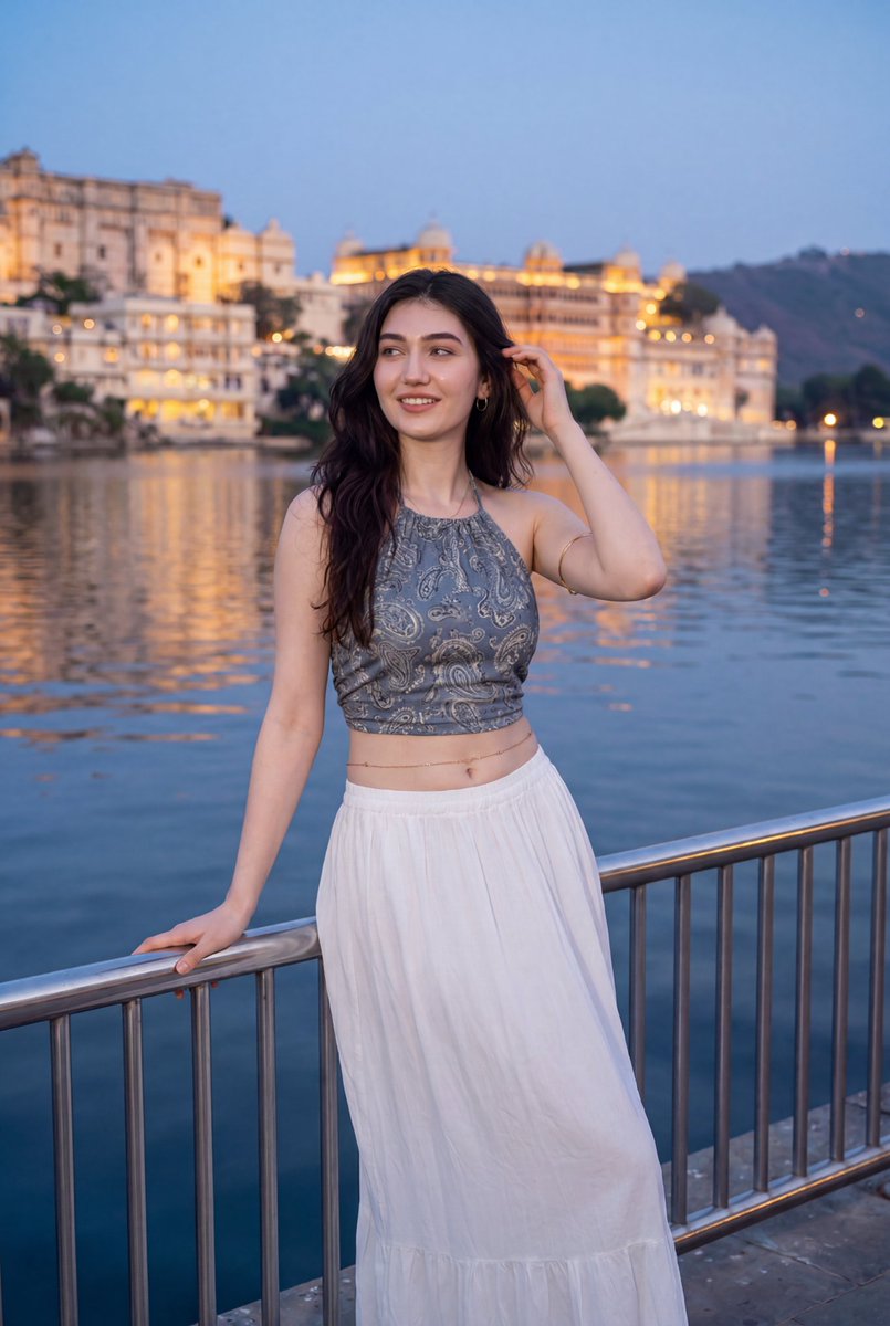 {"image_type":"portrait_travel_photography","prompt":"在湖边栏杆旁伫立女子的超写实傍晚肖像:身穿蓝灰色佩斯利印花挂脖式短款上…