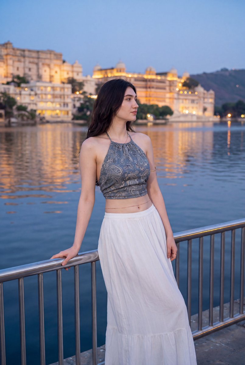 {"image_type":"portrait_travel_photography","prompt":"在湖边栏杆旁伫立女子的超写实傍晚肖像:身穿蓝灰色佩斯利印花挂脖式短款上…