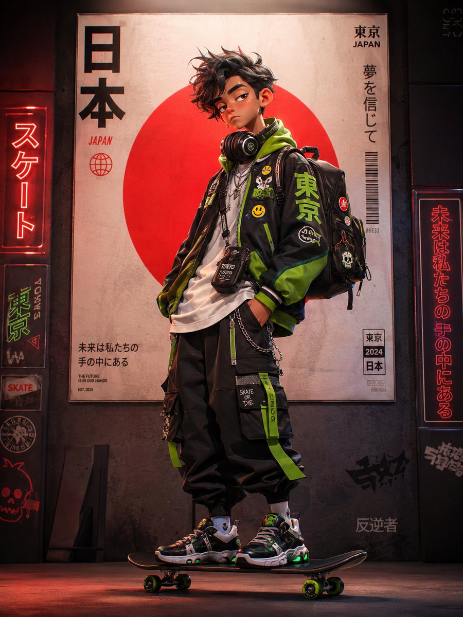 超精细赛博朋克动漫街头服饰人像：一位时尚年轻的日本滑板女孩，在夜晚的未来东京小巷中自信地站在一块滑板上。她身穿一件黑色超大科技风轰炸机夹克，配以霓虹绿色点缀、…