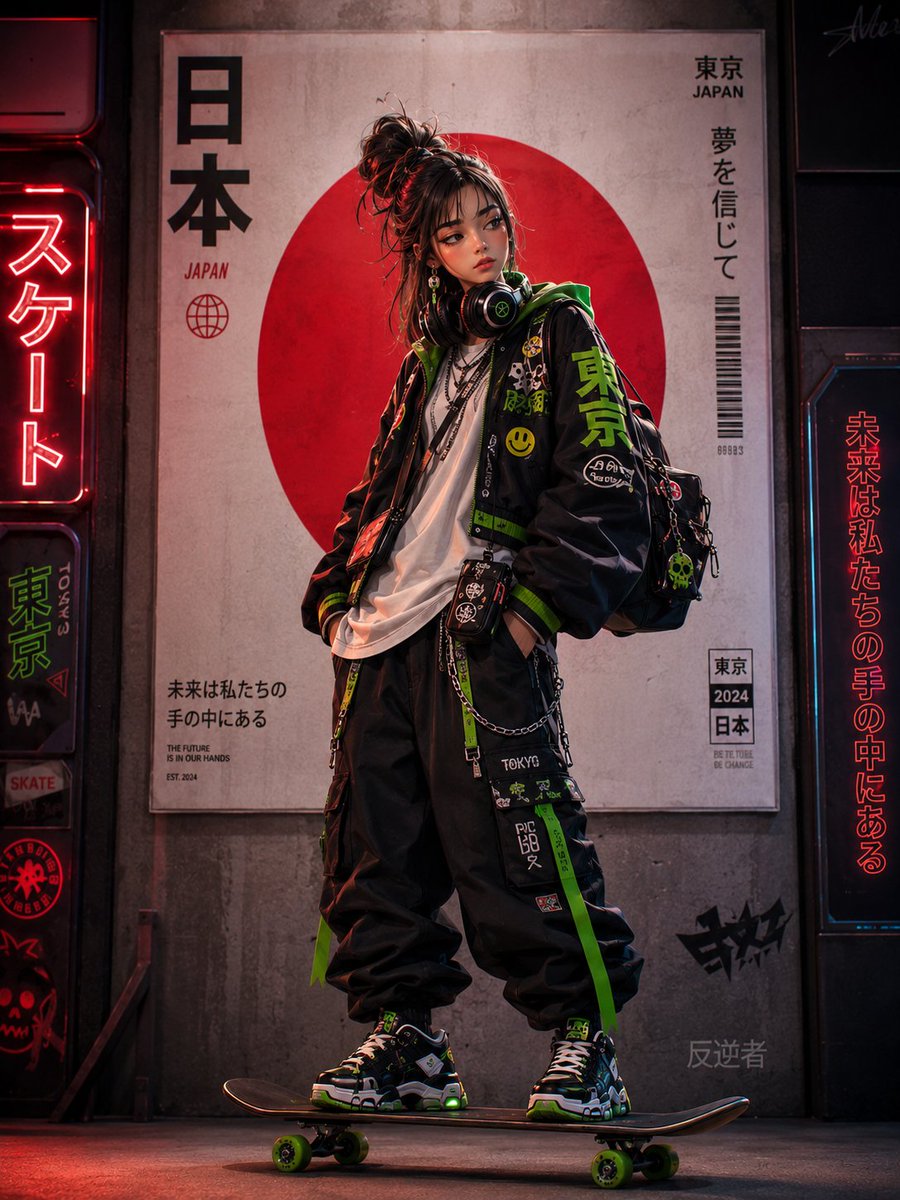 超精细赛博朋克动漫街头服饰人像:一位时尚年轻的日本滑板女孩,在夜晚的未来东京小巷中自信地站在一块滑板上。她身穿一件黑色超大科技风轰炸机夹克,配以霓虹绿色点缀、图案补丁、链条、绑带…