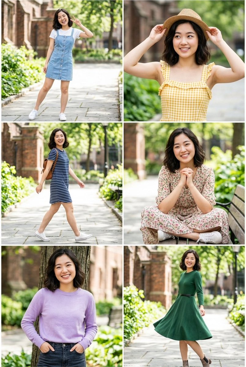 六张风格各异的户外人像拼贴，画面中是同一位年轻东亚女性，留着齐肩的深棕色波浪卷发，笑容明亮而欢快。她在阳光明媚、绿意盎然的校园或公园环境中拍摄，背景中历史悠久…