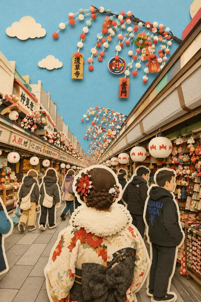 奇思妙想的分层剪纸立体场景,手工打造的3D纸艺世界,惬意的日本旅行场景,超精细的剪纸插画,柔和的马卡龙色系,毛毡与卡纸质感,可见纵深的层叠纸张,迷人的微缩小镇美学,童话故事书般的…