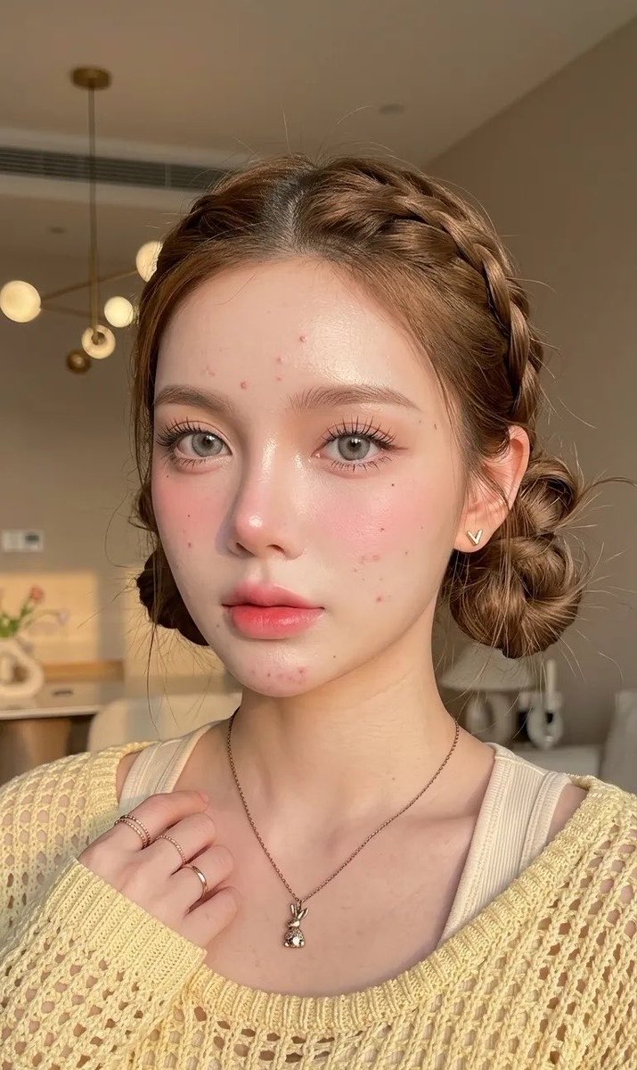 一张年轻女性的特写肖像，她长着爆痘的肌肤，脸部和下巴上有一些痘印和零星的小痘痘，却依然散发着自然的美感。她拥有白皙、自然焕发光彩的肌肤，质地光滑透亮，整体妆感…