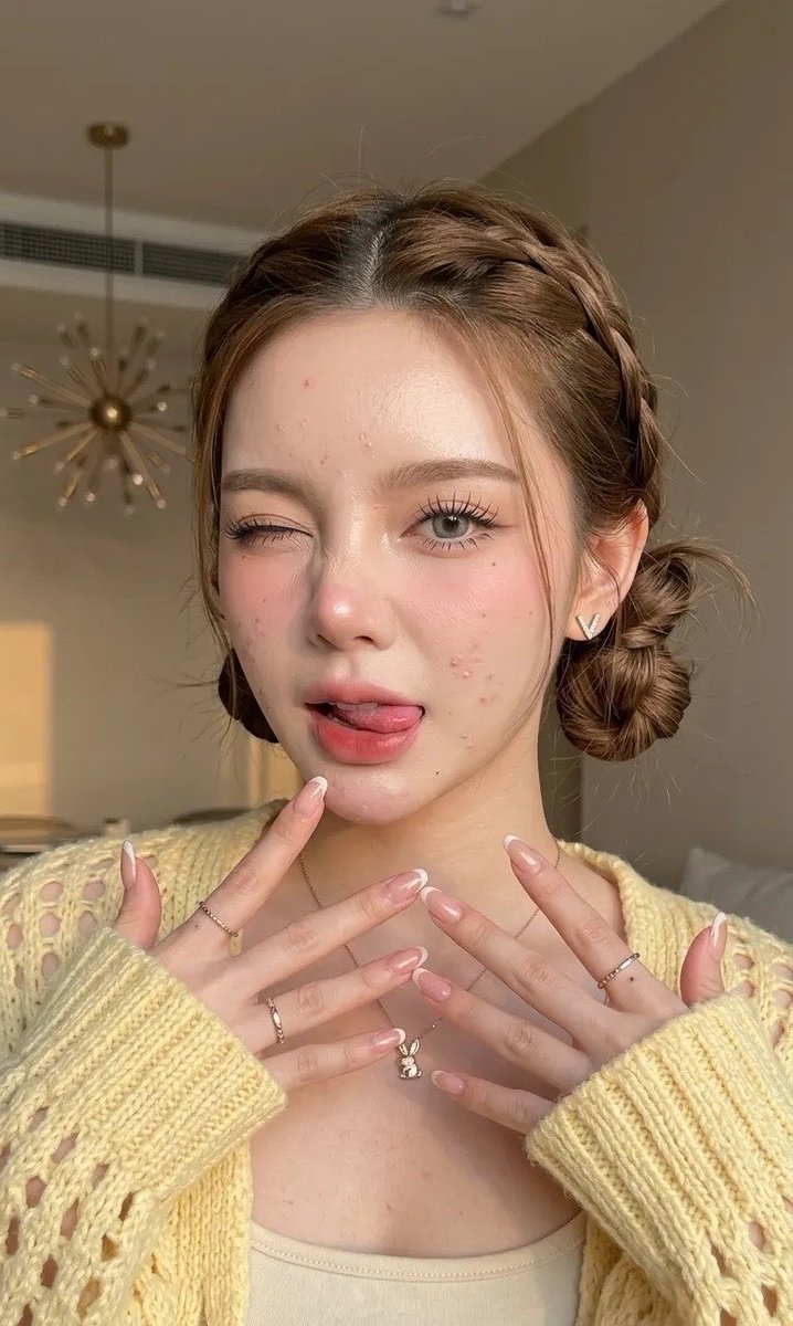 一张年轻女性的特写肖像，她长着爆痘的肌肤，脸部和下巴上有一些痘印和零星的小痘痘，却依然散发着自然的美感。她拥有白皙、自然焕发光彩的肌肤，质地光滑透亮，整体妆感清新、富有光泽。妆容…