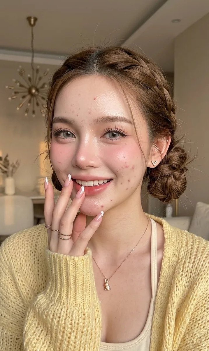 一张年轻女性的特写肖像，她长着爆痘的肌肤，脸部和下巴上有一些痘印和零星的小痘痘，却依然散发着自然的美感。她拥有白皙、自然焕发光彩的肌肤，质地光滑透亮，整体妆感清新、富有光泽。妆容…
