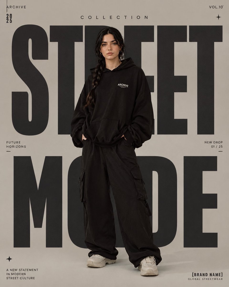为 [BRAND NAME] 创作一张高端高级时装编辑风格海报。 主题： [STREETWEAR / FASHION COLLECTION / EDITORI…