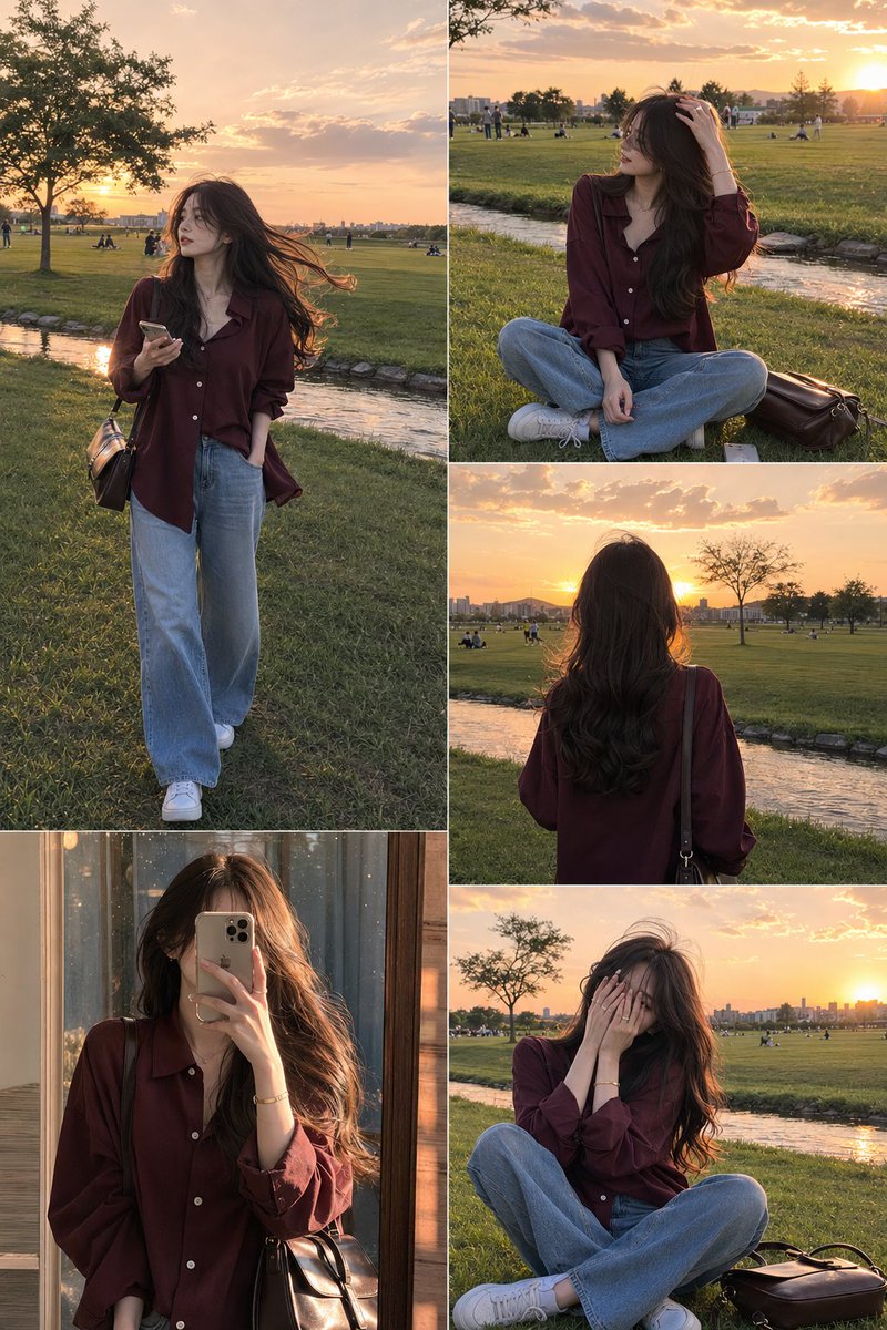 超写实生活方式时尚拼贴画，美丽的年轻女子在夕阳金辉时刻的开阔绿意公园中，柔和温暖的阳光，电影感自然光，韩系美学时尚氛围，身着深酒红色超大号纽扣衬衫、浅蓝色阔腿…