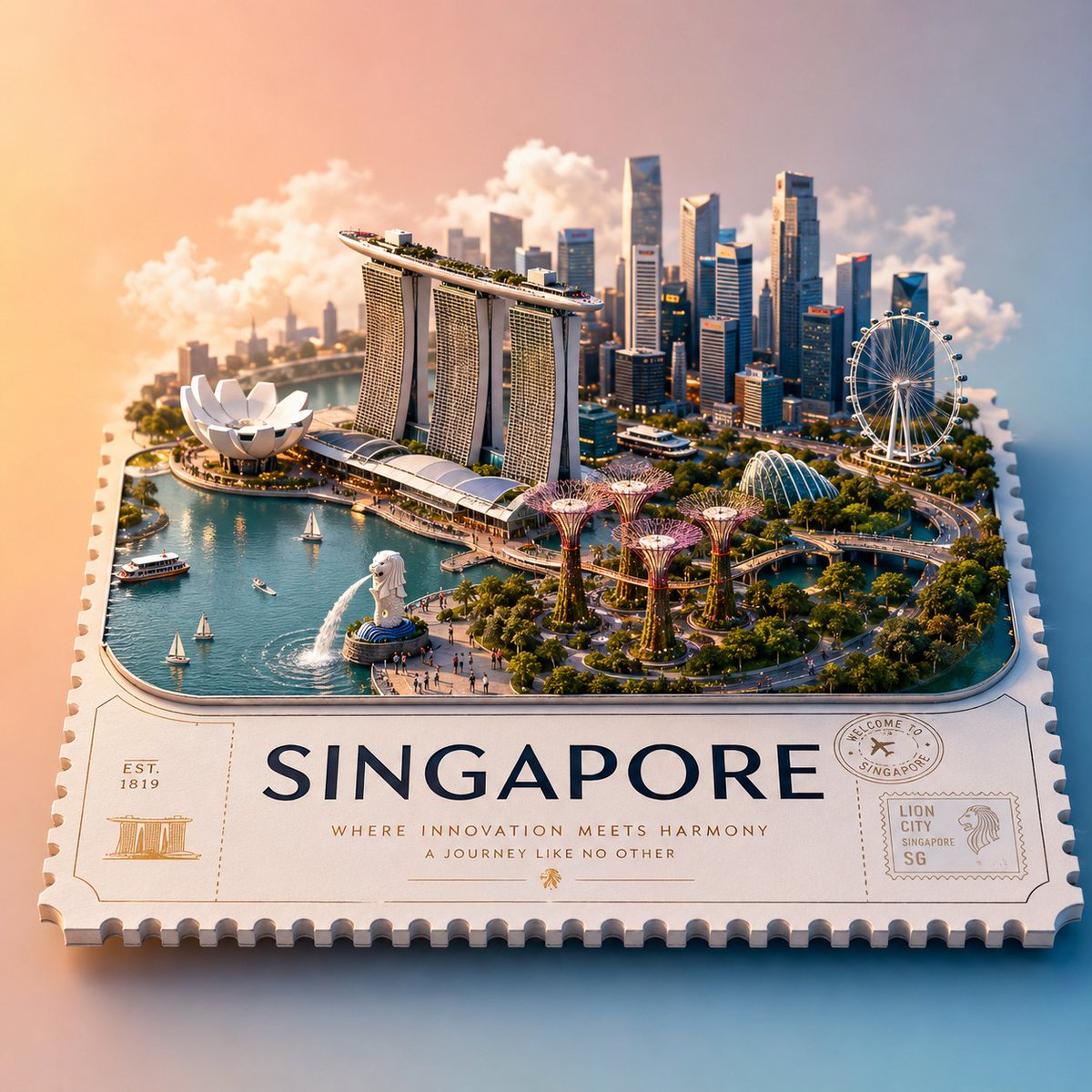 创建一个高端风格化的3D等距旅行海报，主题为[LOCATION NAME]，设计为一个漂浮的微缩世界，放置在一张带有打孔边缘的大型票券、明信片或邮票平台上…