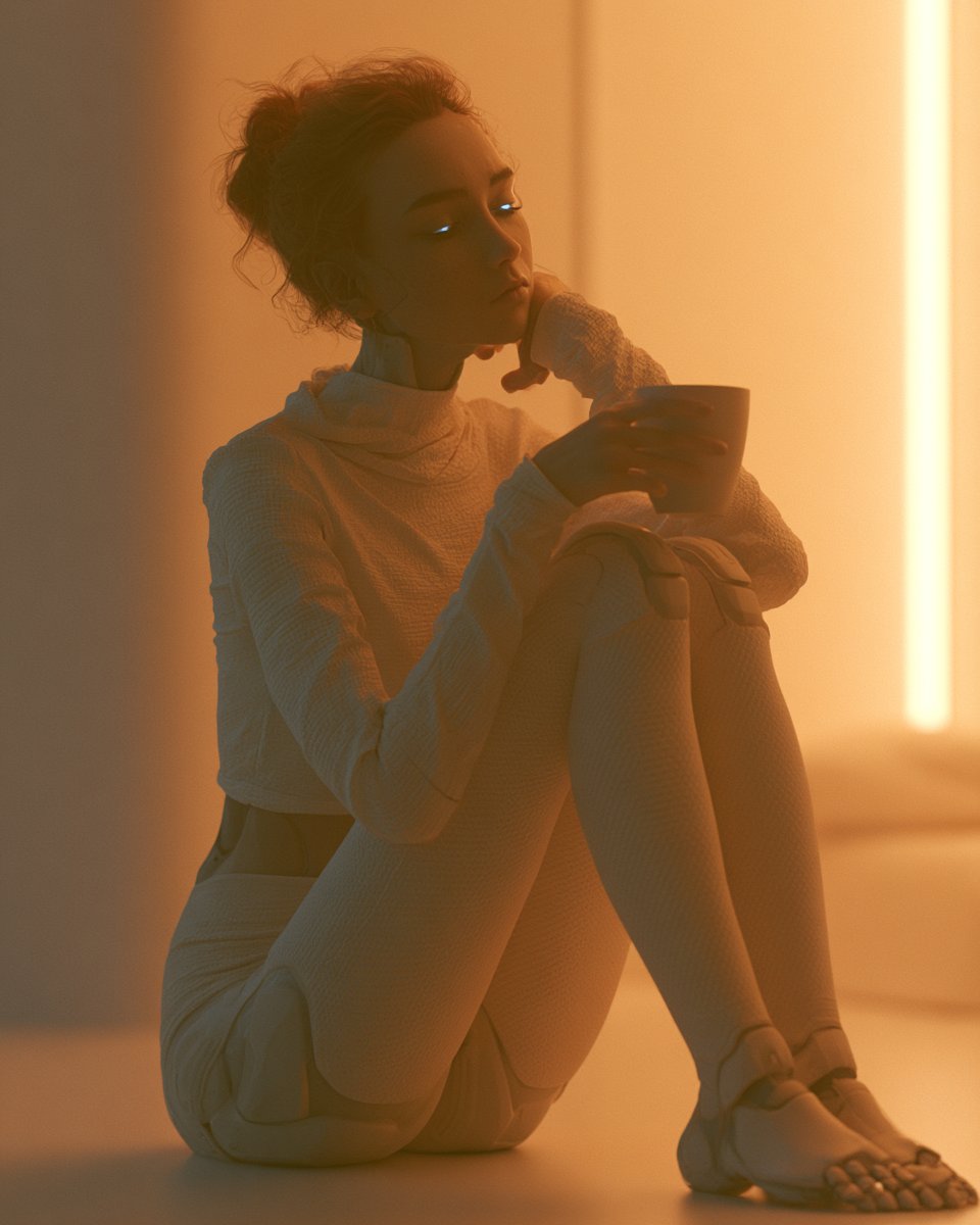 超写实女性机器人坐在未来主义极简公寓中，啜饮数字咖啡，环境光线平静安宁，眼睛发出微光半闭，神态平和宁静 --ar 4:5 --v 8.1 #tischeins…