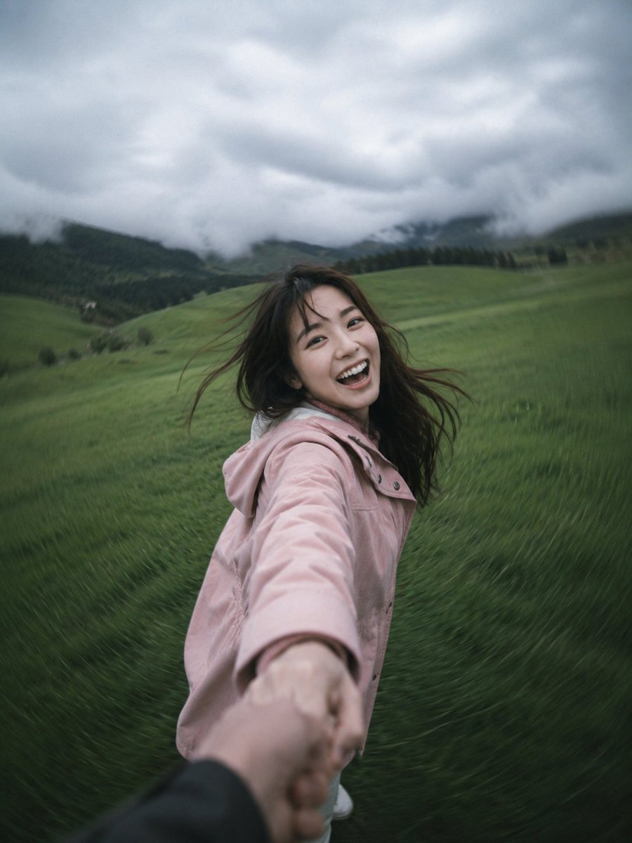 超写实抓拍照片，竖版 3:4 比例，第一人称视角（POV），在多云阴郁的天气下于一片广阔的草地里牵手旋转。边缘有强烈的径向运动模糊，中心焦点锐利，情绪化、无忧…